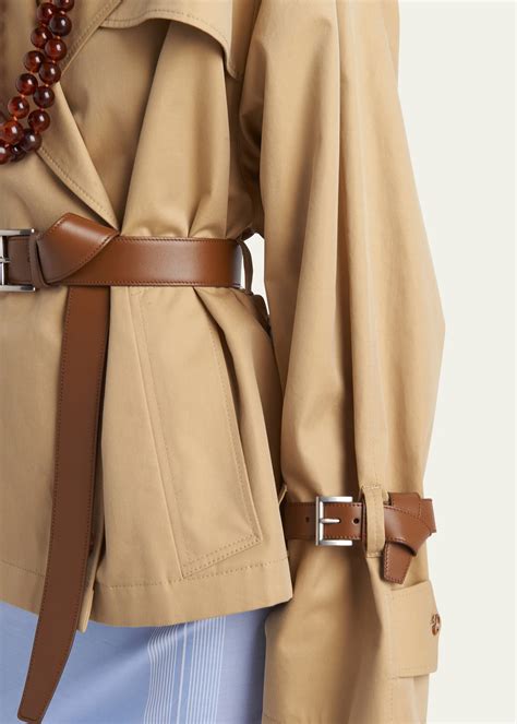 Prada Short Leather Belted Twill Trench Jacket